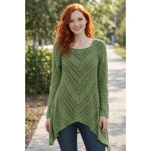 Soft Surroundings Crochet Asymmetric Open Knit Sweater Forest Fairy Boho Green S